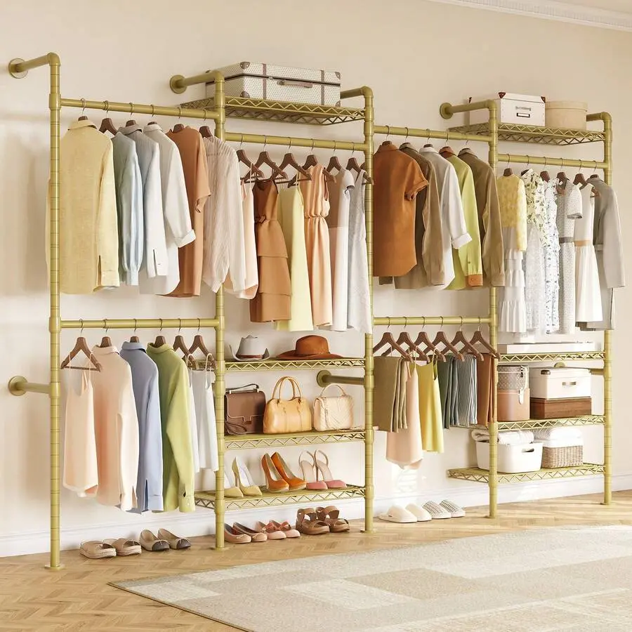 Wall Mounted Industrial Pipe  Clothes Rack, Closet Organizer System With 6 Hanging Clothes Rods ( 4 Expandable Rods ), Gold Clothing Rack With 8 Shelves, Heavy Duty Corner Garment Rack, Large Storage Wardrobe Closet Kit