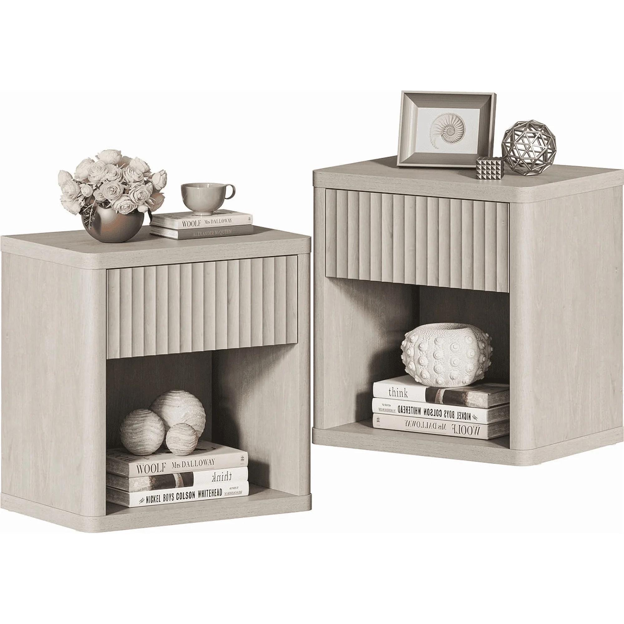Bedside Nightstand with Drawers and Open Shelves, Rounded Corner Side Table with Cable Management, Modern Minimalist Bedside Cabinet for Bedroom Living Room, Perfect for Lamp Books Remote and Daily Essentials Storage