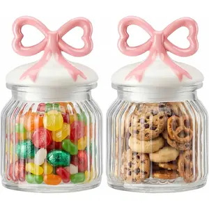LemonRoad 2 Set Pink Bow Jars Cute Pink Kitchen Accessories 22 oz Bow Mason Jars with Lids Coquette Decorative Airtight Glass Canister for Candy Cookie Chocolate Sweets Food Storage Room Decor