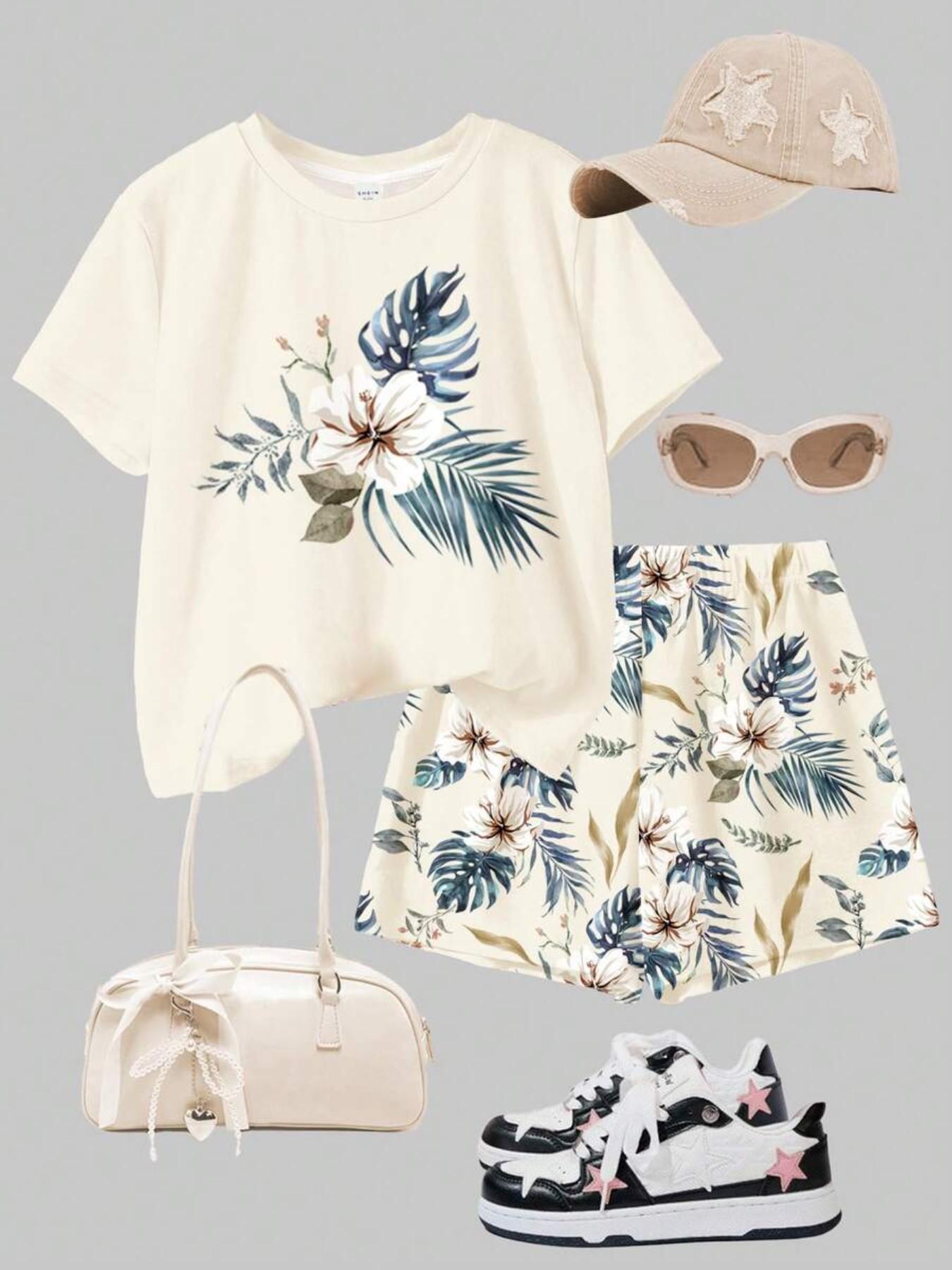 Girls Vibrant Floral Print T-Shirt and Shorts Set, Summer Outdoor Campus, Fashionable Trendy Casual Wear, Loose-Fitting Suit, Tropical Print Set, Summer Clothes Set
