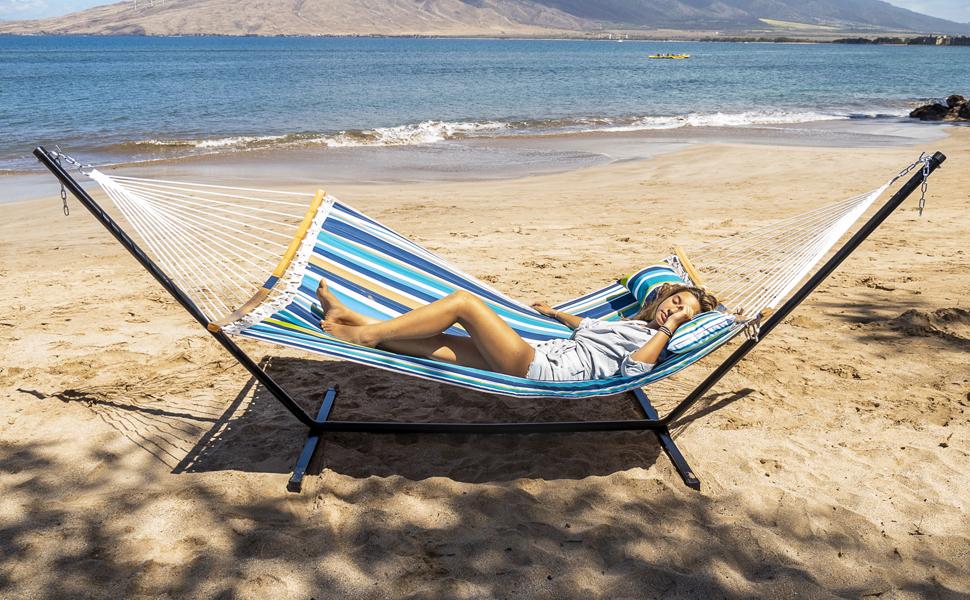 SUPERJARE Hammock with Stand, 2 Person Heavy Duty Hammock with Padded Cotton, Detachable Pillow & Strong Curved-Bar & Portable Carrying Bag, Perfect for Outdoor & Indoor