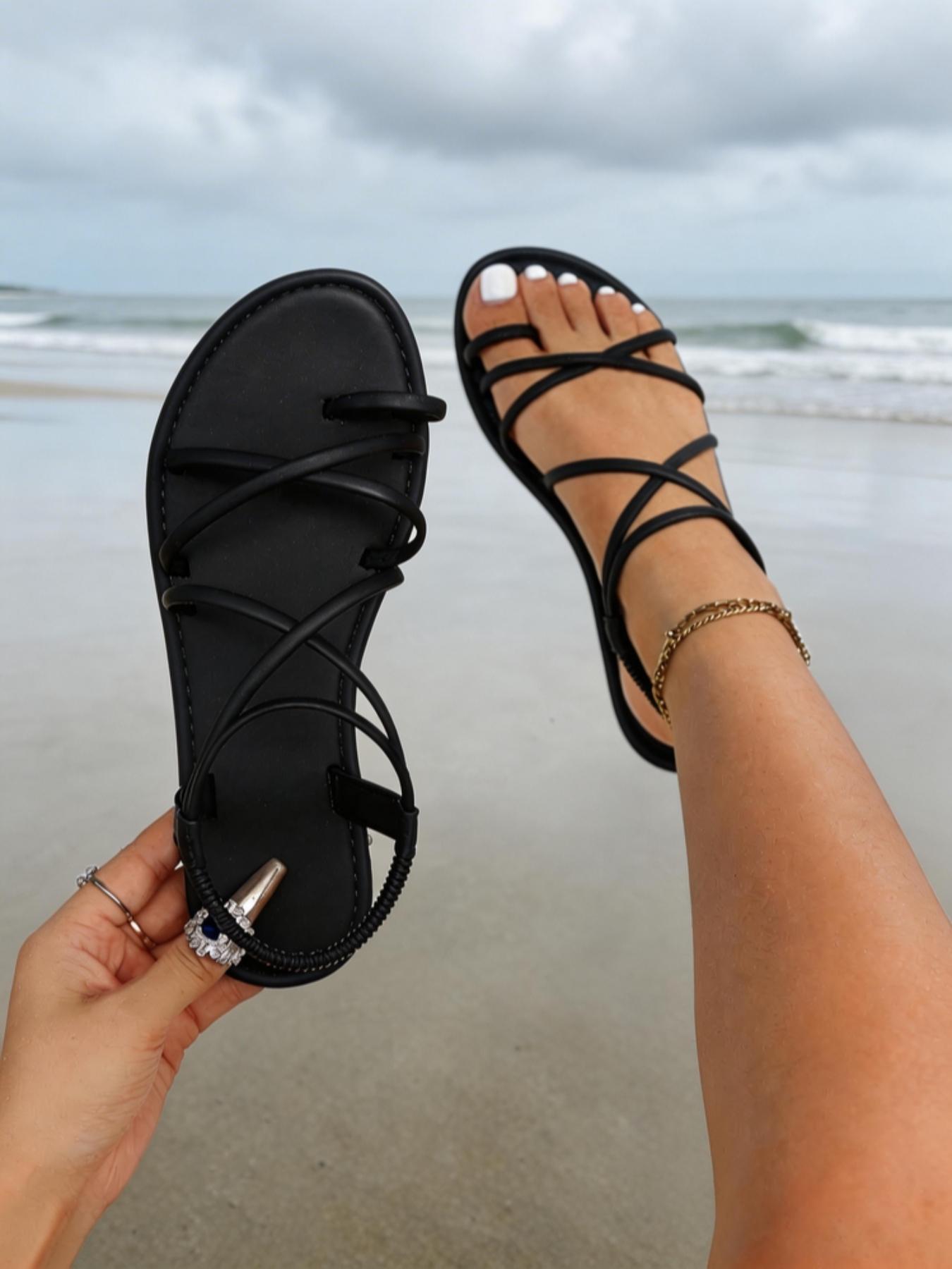New Summer Thin Strap Sandals for Women, Elastic Back Hollow Out Beach Resort Flat Sandals, Fashionable Plain Design