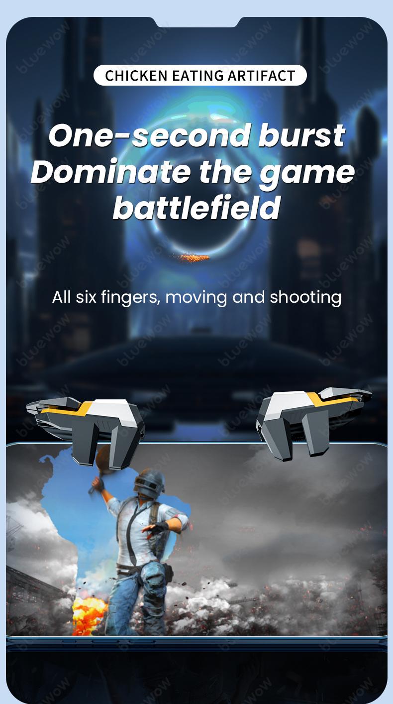 BlueWow Mobile Game Trigger 6 Fingers for iPhone & Android Enhanced Grip Stability Anti-slip Silicone Alloy Button Clip Fits 6mm to 15mm Thick Phones CODM Freefire Gaming Console