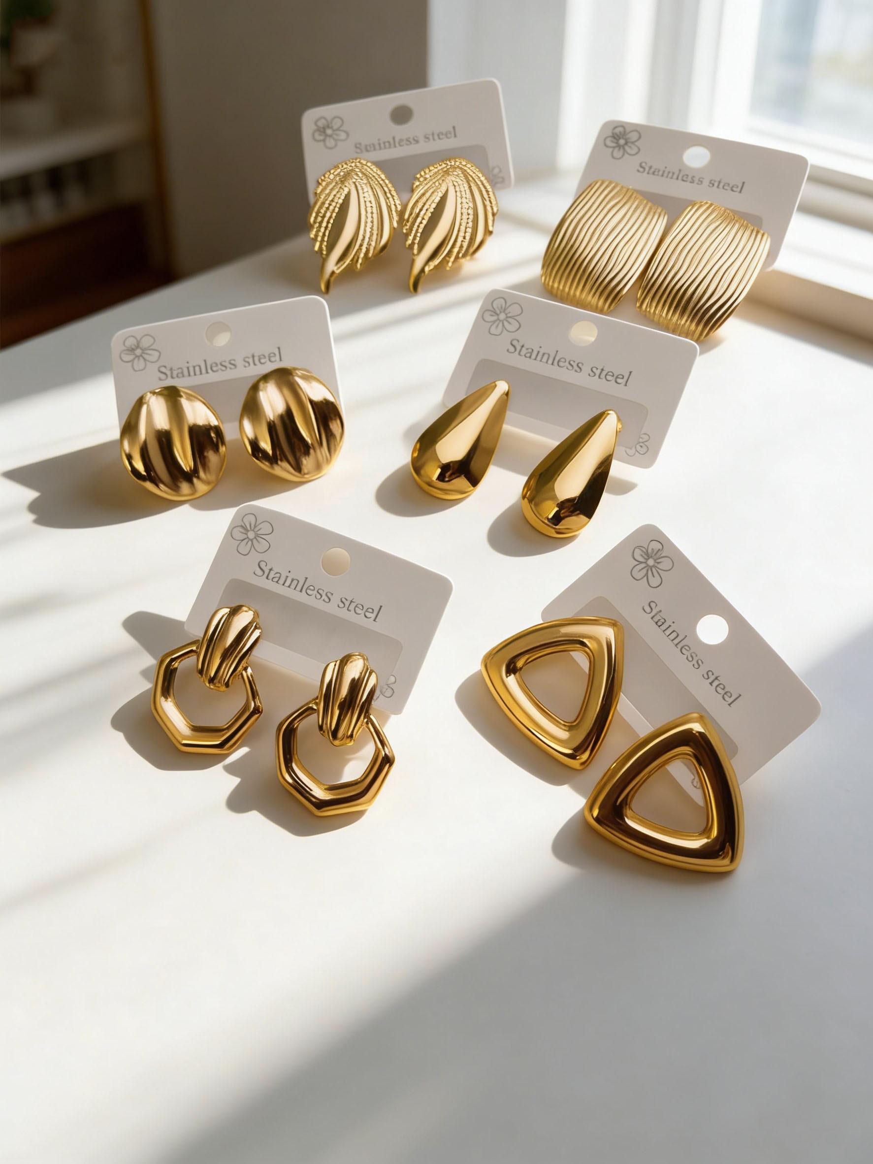 18K Gold Plated Stainless Steel Earrings Multipack, Geometric Triangle Heart Drop Earrings, Lightweight Hypoallergenic Fashion Jewelry for Sensitive Ears