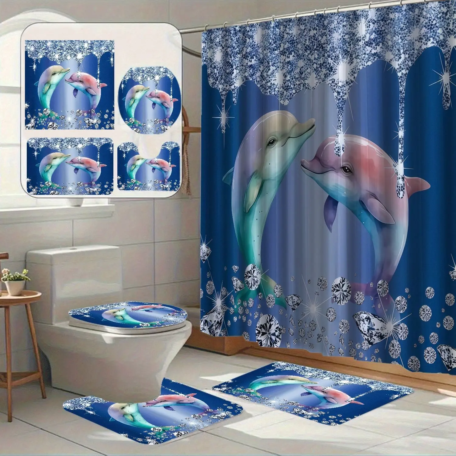 Deep Blue Gradient Dolphin Diamond Print Shower Curtain, Dreamy Ocean Style, Waterproof Polyester Bath Mat Set, Bathroom Decor