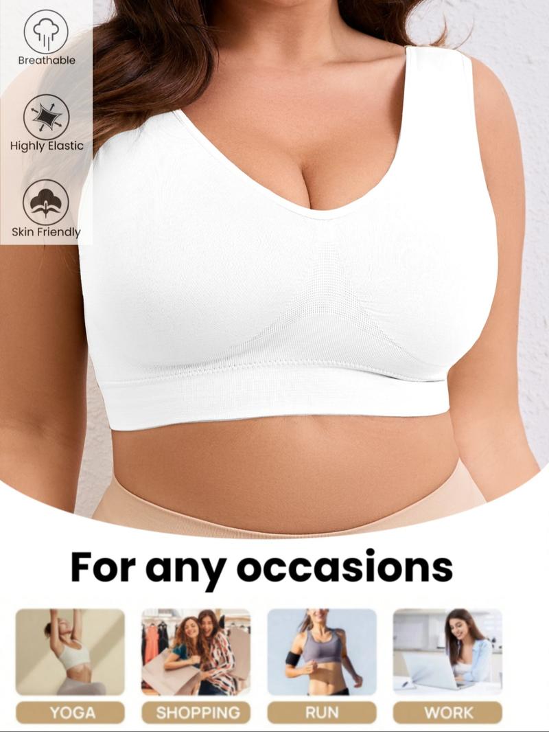 Women's Plus Size Push Up Bra, Soft Comfortable Wide Strap Crop Top, U-Shape Back,With Removable Pads,  Casual Basic Top,Lady Underwear All Season Wear, Solid Backless Bra