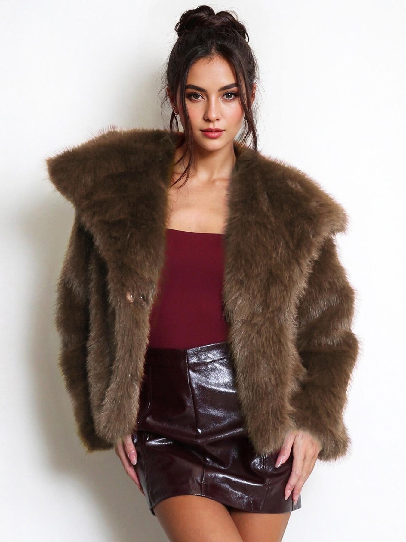 Women's Elegant Solid Color Wide Collar Zipper Closure Plush Warm Coat, Stylish Everyday Outerwear for Fall & Winter Seasons