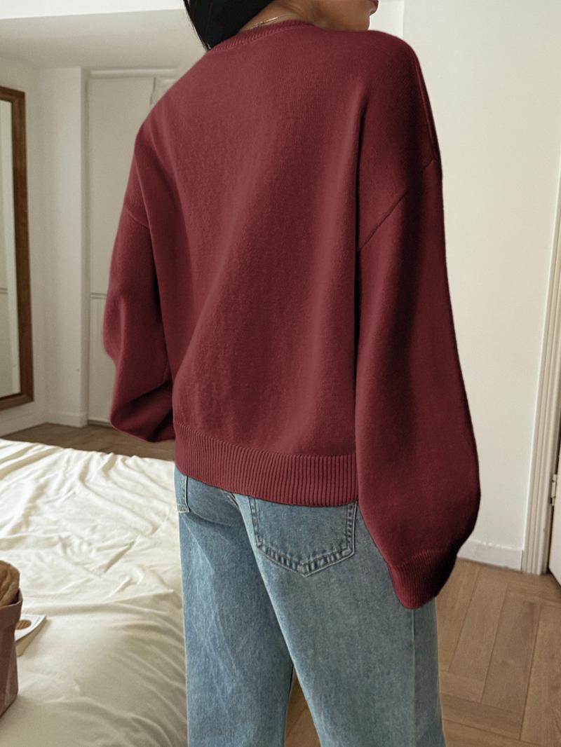 Pure Color Casual V-Neck Long Sleeve Loose Knit Sweater, Fitted Style for Fall, Comfortable and Stylish Women's Pullover