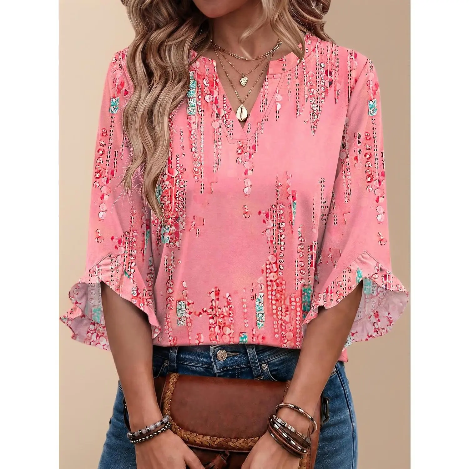 Women V Neck 3/4 Ruffle Sleeve Tops Soft Breathable Floral Solid Casual Work Shirts Spring Summer Fall Blouses