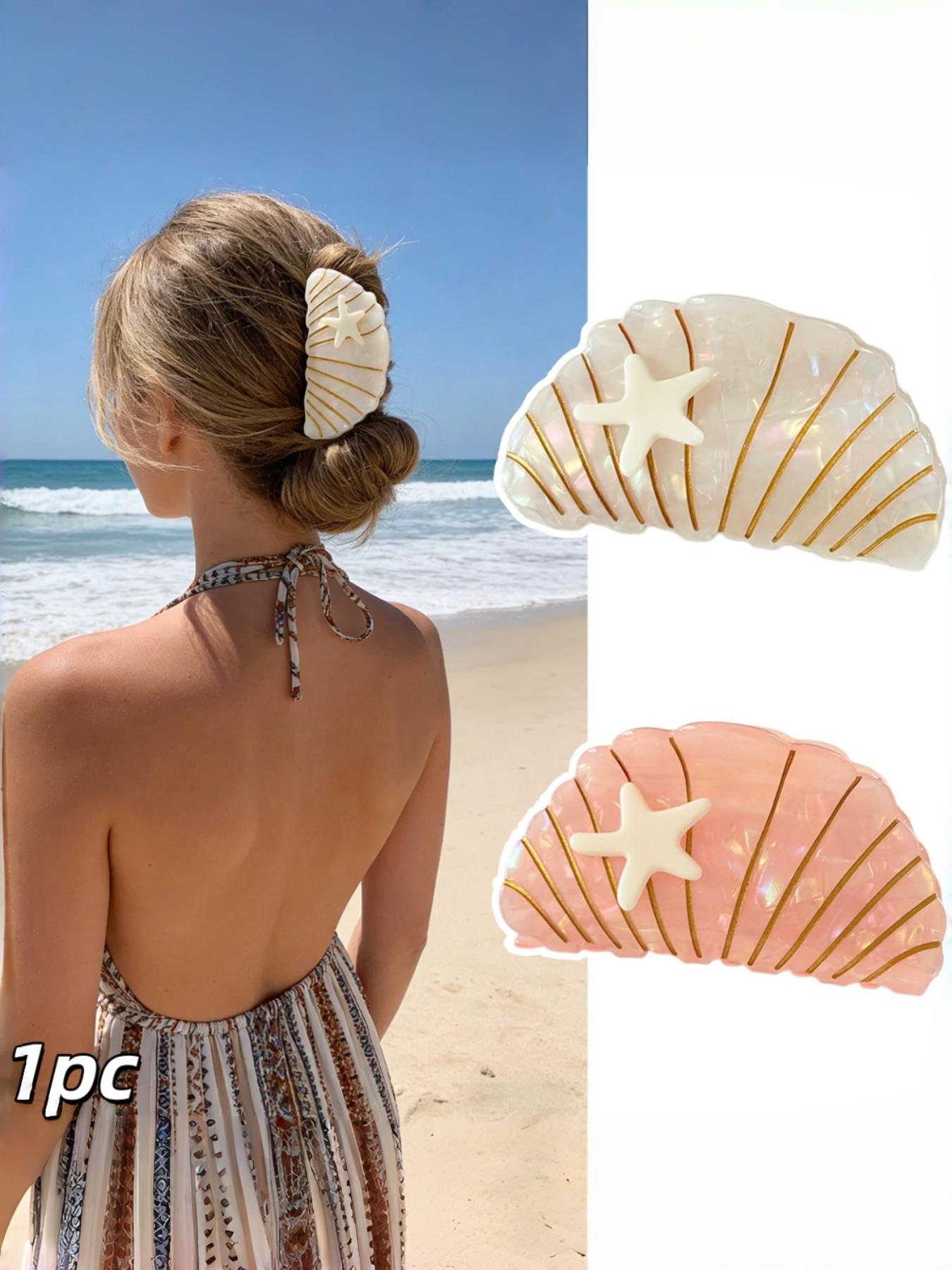 Women's Shell Starfish Hair Claw, Large High Grip Non-Damaging Hair Clip, Beach Vacation Daily Hairstyle Accessory, Summer Sand Style