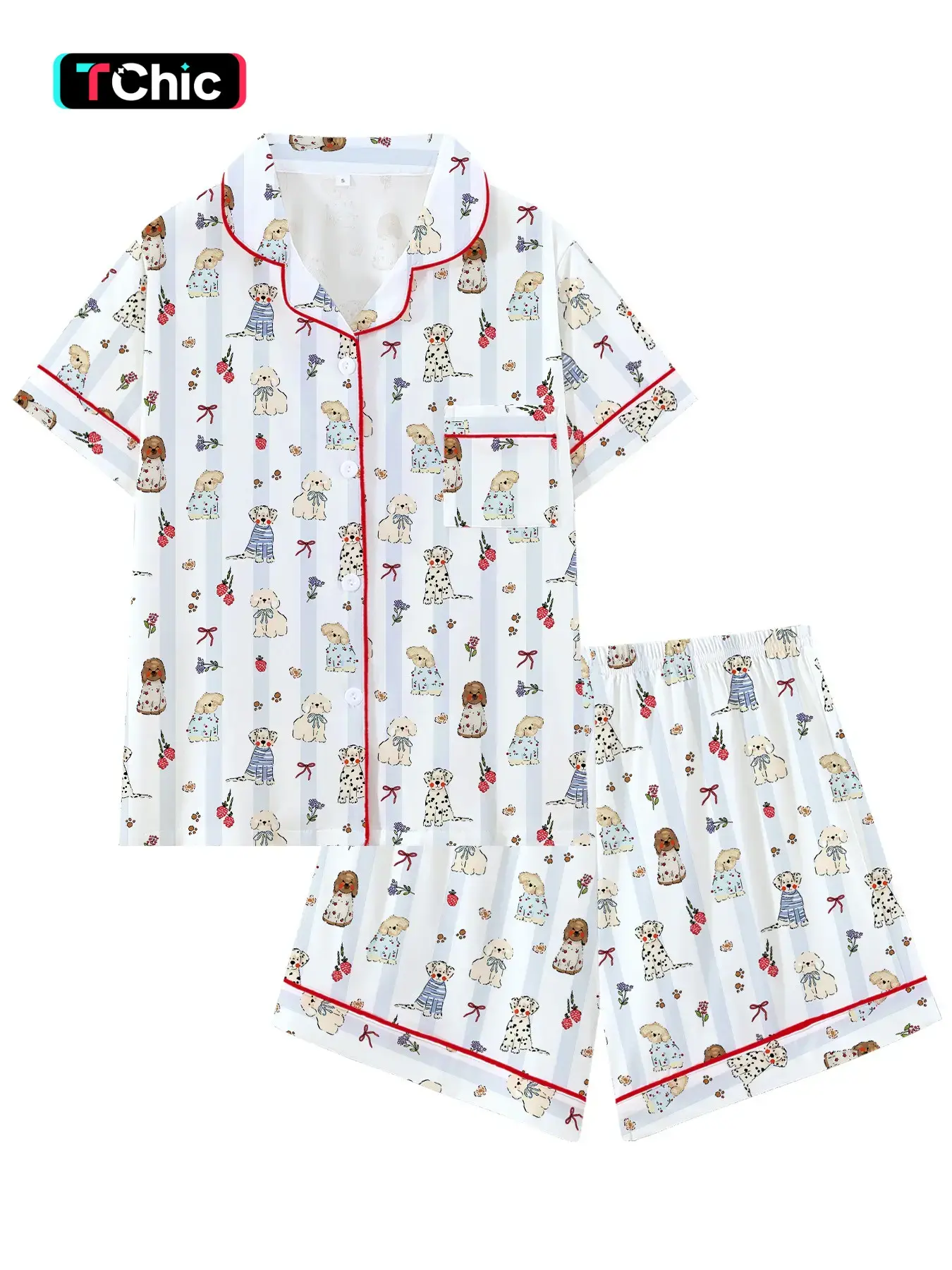 Summer Striped Dog Animal Print Cute Collar Short Sleeve Pajama Set, Pyjamas, Animal Print Pajamas, Comfortable Sleepwear & Loungewear, Pajama Clothes for Home and Outdoors, Loungewear Homewear, Perfect Gift