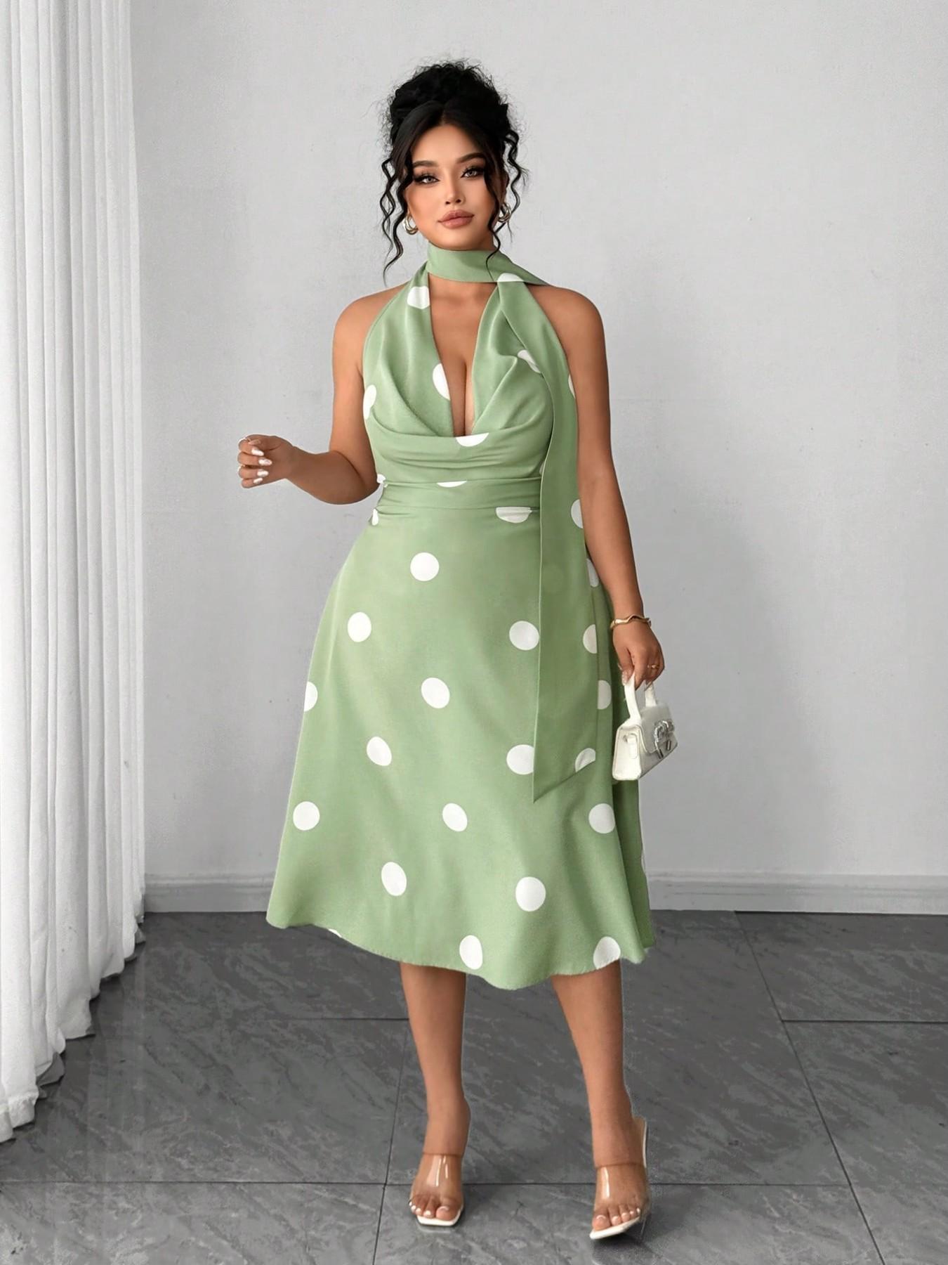 Plus Size Retro Polka Dot Halter Dress, Hepburn Style Waist Cinch Slimming Midi A-Line Dress, Vintage Fashion Women's Clothing, Casual Wear