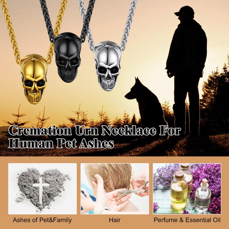 FindChic Skull Head Cremation Urn Necklace for Ashes Stainless Steel Memorial Cremation Jewelry with Gift Box Unisex For Women Men