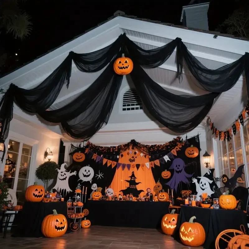 Halloween Luxury Chiffon Arch Drapery, Elegant 2D Mesh Curtain, Transparent Sheer Fabric, Gothic Ghost House Backdrop, Party Decorations