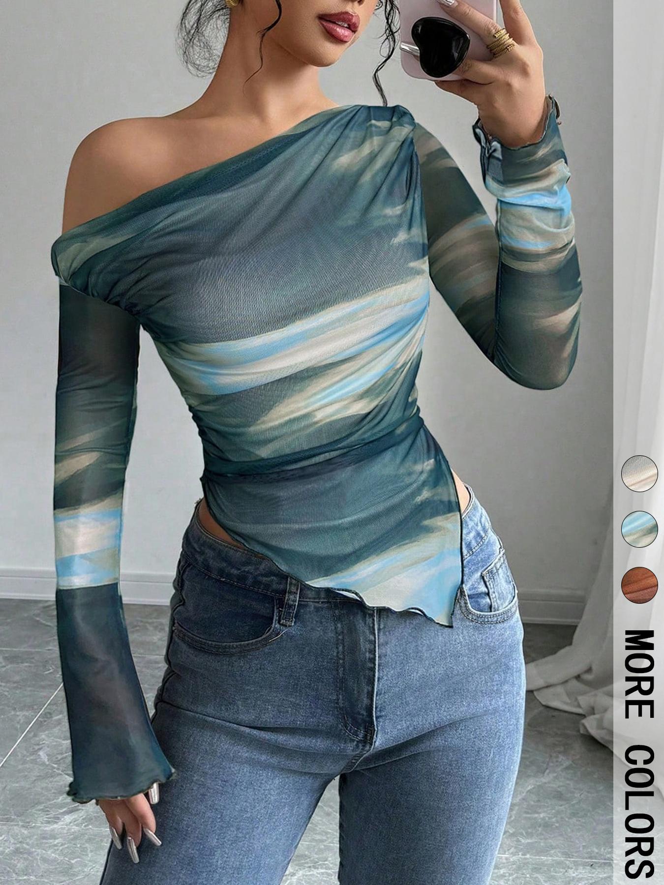 Women's Long Sleeve T-Shirt, Fashionable Casual Comfortable Slim Fit, Printed Drop Shoulder Design, Perfect for Daily Wear