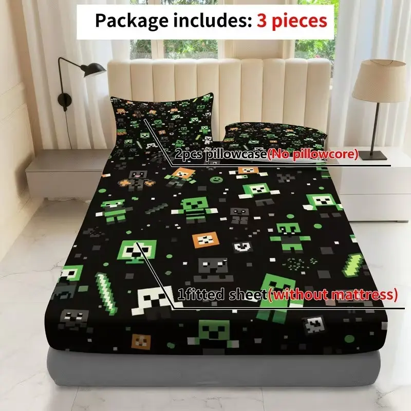 3pc trendy pixel gaming style bedding set, Cool Bedding Set, including 1 bedsheet and 2 pillowcases (without padding), a gift for friends, suitable for single beds, double beds, and ideal for bedrooms, dormitories, guest rooms, and hotel apartments