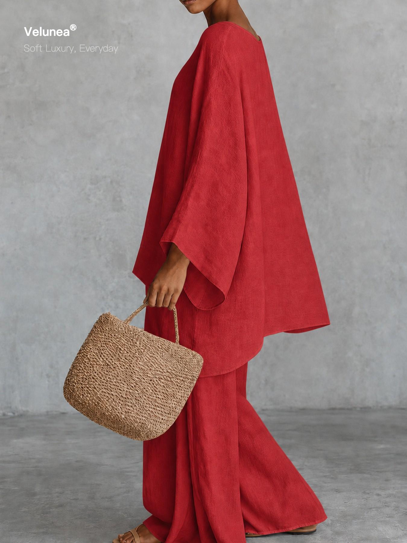 2-Piece Set, Velunea Women’s Elegant Casual Wide Leg Pants Set, Draped Cape Top and Flowing Trousers Matching Outfit, Minimalist Resort Wear for Vacation and Everyday Style