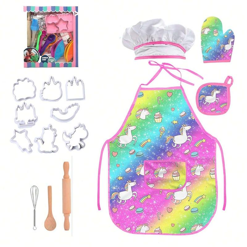 Unicorn Apron Set with Gloves Chef Hat and Baking Tools, Polyester Kitchen Apron, Perfect Holiday Gift, Colorful Chef Clothing Set