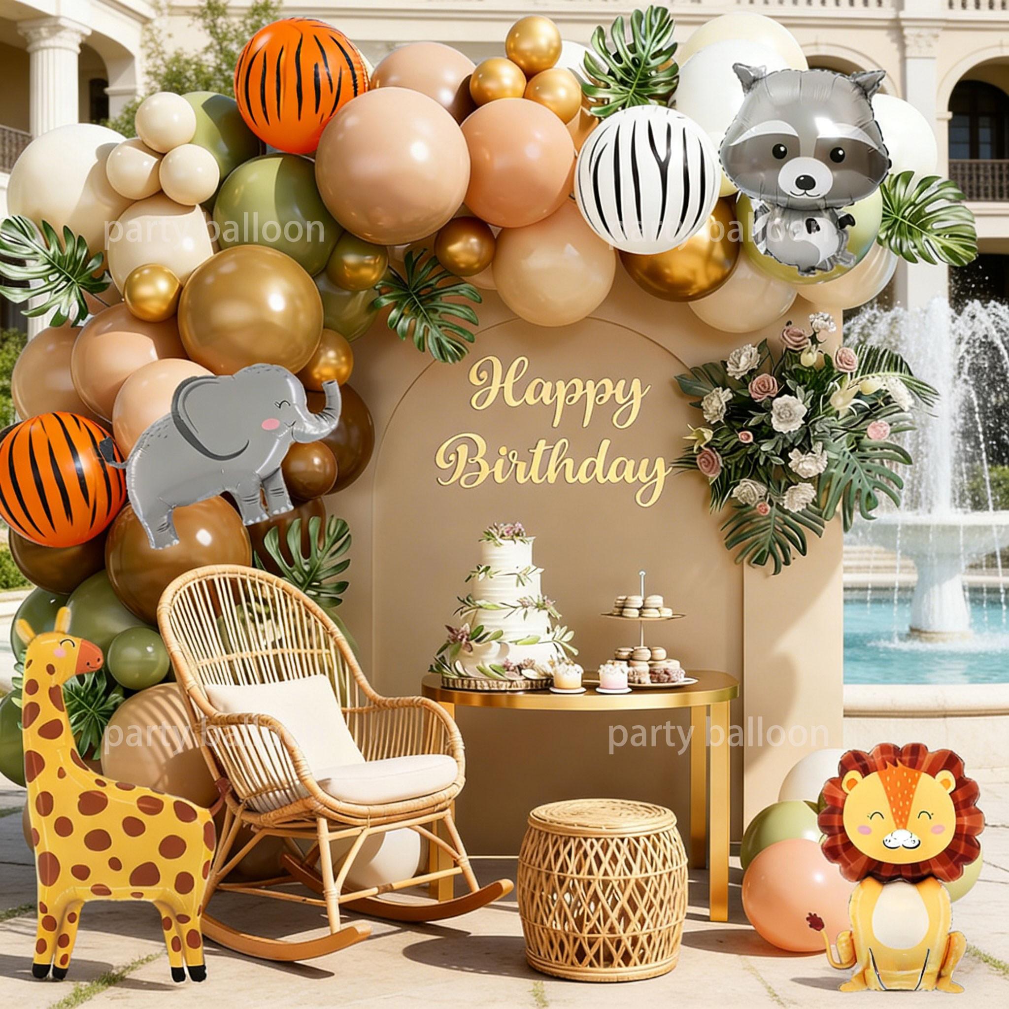 134pcs Tropical Jungle Animal Birthday Party Balloon Decor Set, Giraffe Lion Elephant Balloons, Zebra Pattern Latex Balloons, Outdoor Events