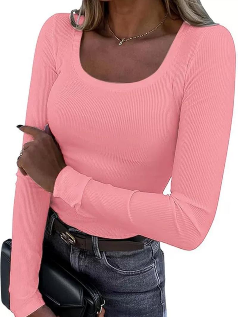 2026 Women's LongSleeve Tops Casual Scoop Neck RibbedKnit Slim Fitted Basic Tee Shirts TrendySpring Outfits Minimalist Comfort TubeTops Loose Casual Pullover