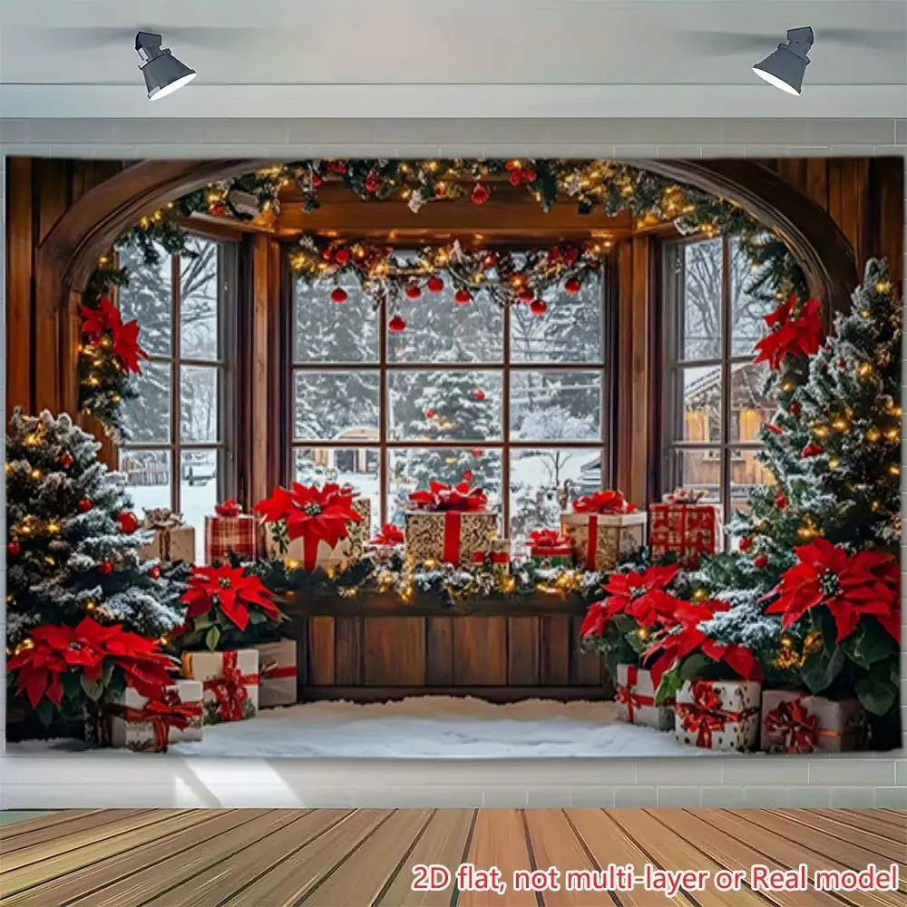 1Pc 2D Flat Christmas Poinsettia Garage Door Banner, HD Print Oversized Durable Polyester Cover, Indoor Outdoor Use for Home Decor Birthday Anniversary Multi-Scene Photography Backdrop