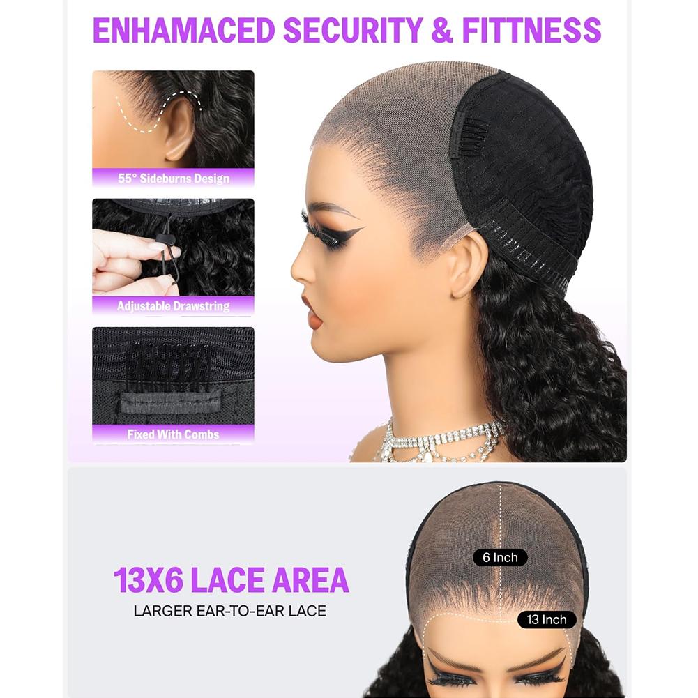40 38Inch Deep Wave Glueless Lace Front Wigs Human Hair 180 Density 13x4 HD Transparent Lace Frontal Wigs Human Hair Pre Plucked Deep Curly Glueless Wigs Human Hair for Women Natural Black