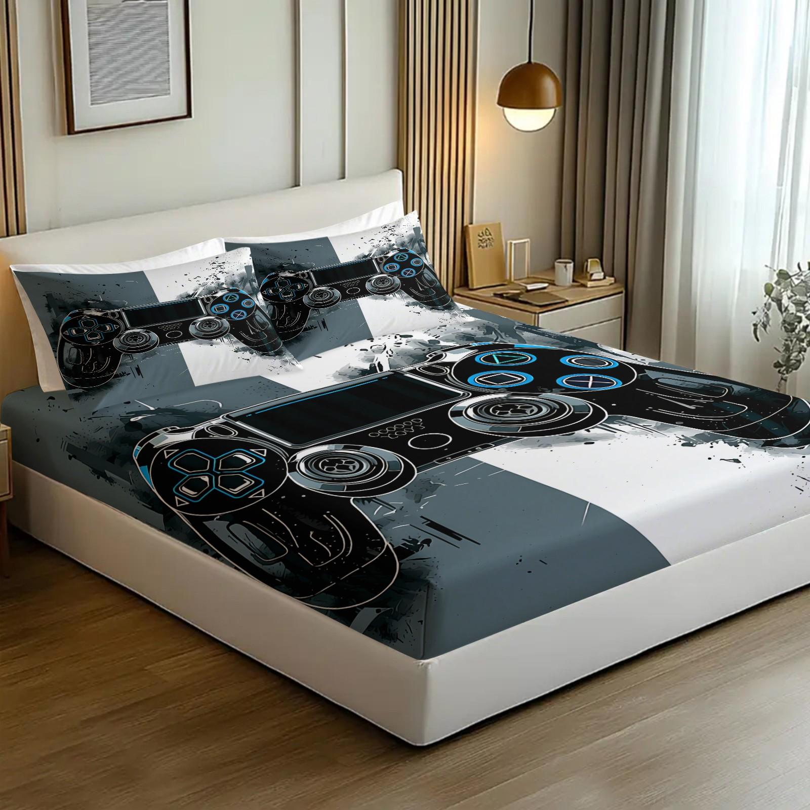 3pcs Gaming Controller Fitted Sheet Set, Video Game Console Bed Sheet Set, Soft Microfiber Bedding Set (No Fillers), Cool Gamer Room Mattress Cover for Boys & Teens Bedroom