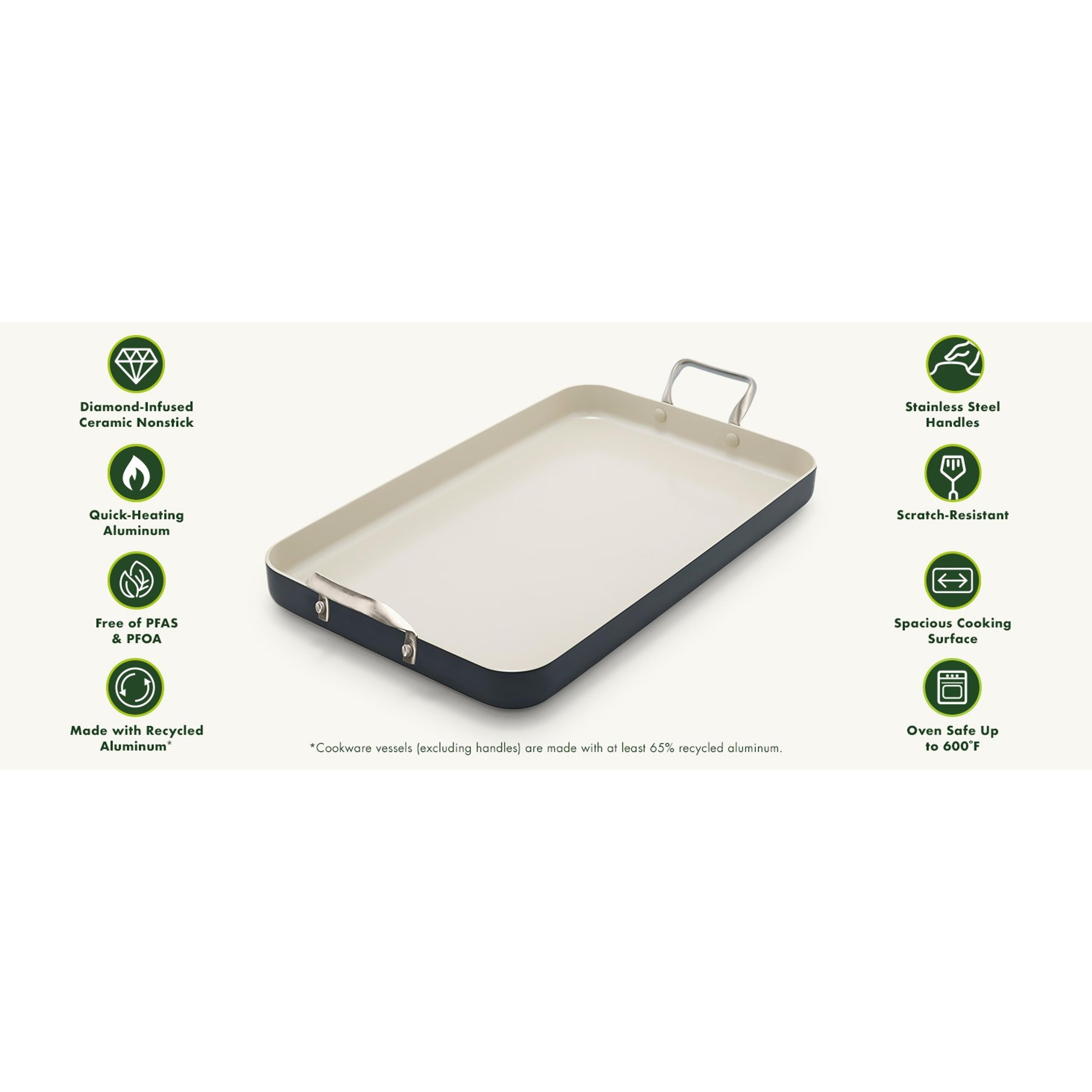 GreenPan Thick Rectangular 18in x 11in Double Burner Hard-Anodized Aluminium Griddle Cookware, Healthy Ceramic Nonstick PFAS-Free, Stainless Steel Handles, Stovetop Cook Use, Dishwasher-Oven-Broiler Safe, Black