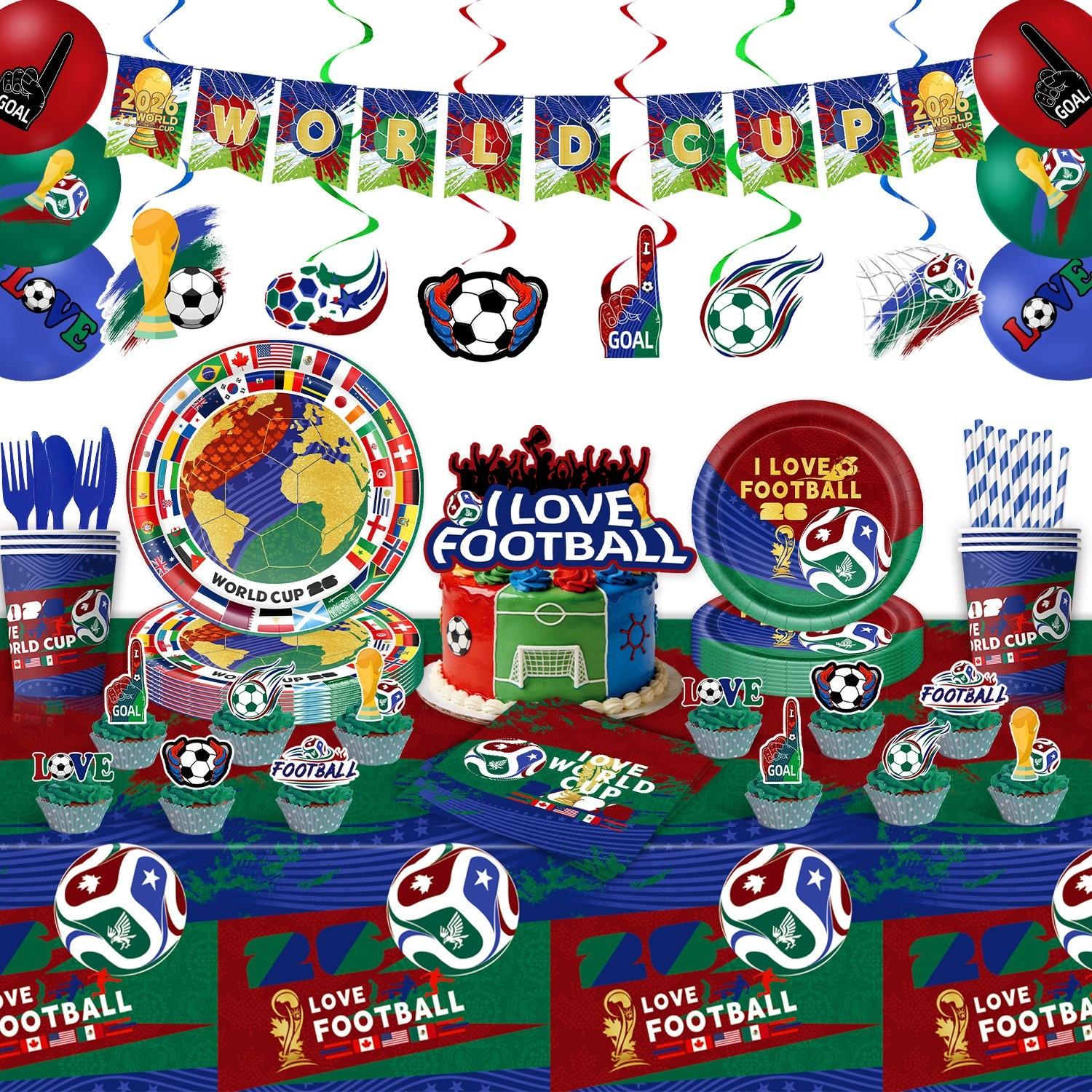World Cup Football Theme Party Supplies Set, Paper Plates, Napkins, Tablecloth, Banner, Decorations, Balloons, Perfect for Celebrations