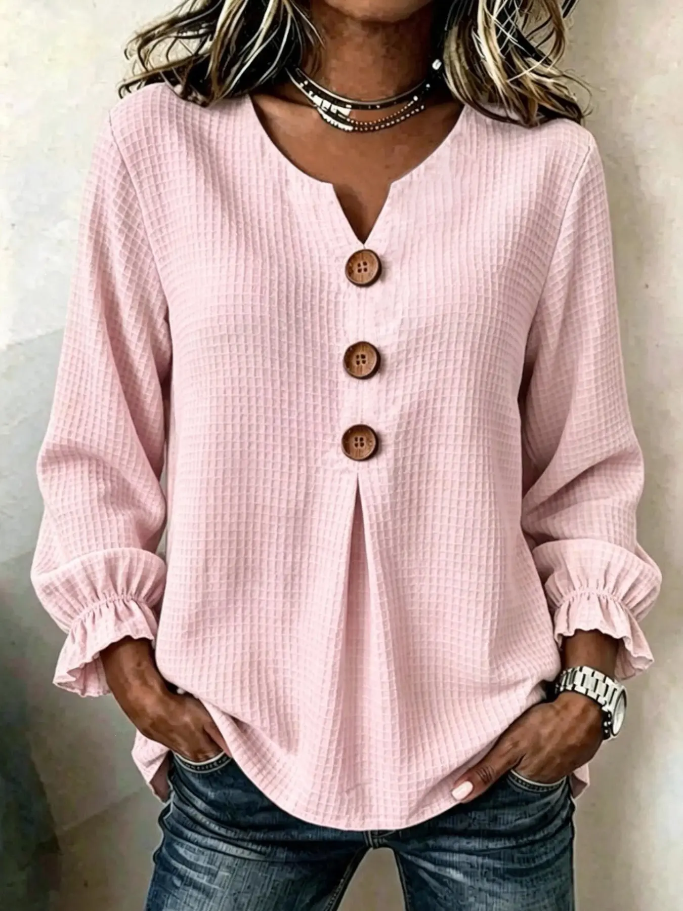 2026 Fall Winter New Waffle Texture Soft Long Sleeve Blouse, Ruffled Hem, V-Neck, Large Buttons, Loose Fit, Casual Office Wear