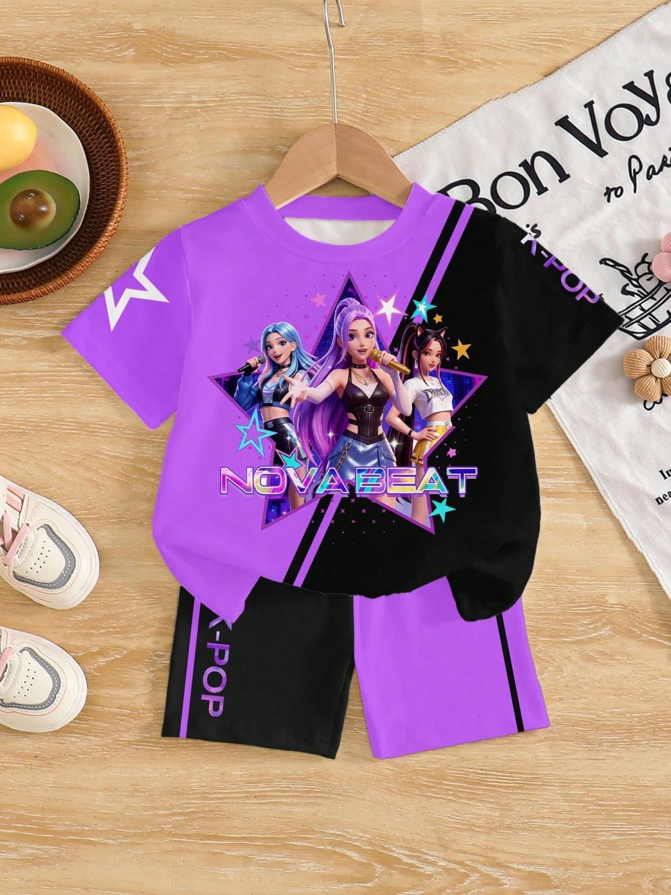 K-Pop New Star Theme Girl Two-Piece Set, Gradient Short Sleeve T-Shirt & High-Waisted Tight Fit Shorts, Casual All Seasons