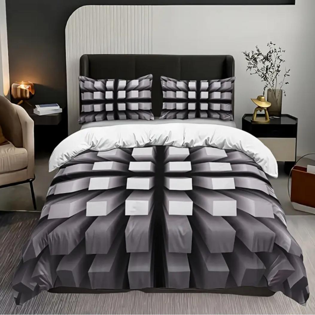 3D Block Theme Reversible Bedding Set, Soft Polyester Duvet Cover and Pillowcase, Bedroom Decoration, Comfortable and Stylish, Modern Bedding Set