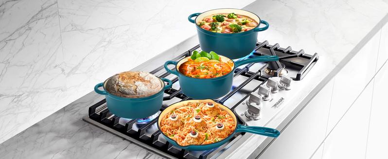 Uniflasy 7-Piece Enameled Cast Iron Cookware Set - Dutch Oven, Sauce Pan & Skillet with 3 Lids, PFOA-Free Ceramic Coated, Gas/Induction/Oven Safe, Includes Storage Organizer