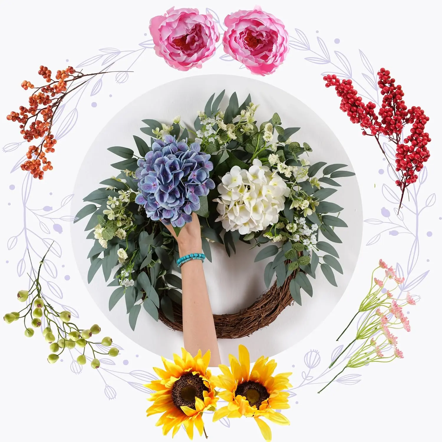 Round All-Season Interchangeable Grapevine Wreath DIY Kit - 4 Farmhouse Wreaths with Faux Silk Mixed Blooms, Leaves, Berries - Front Door Home Festive Decor, Room Decor, 4 Wreaths