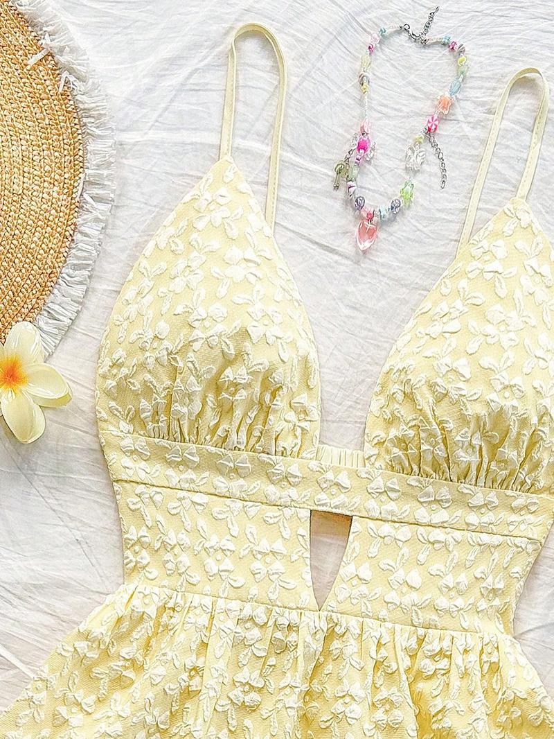 This  Floral Textured Dress is Summer Vacation Vibes Deep V Cutout Tiered Mini Dress Valentine's Day