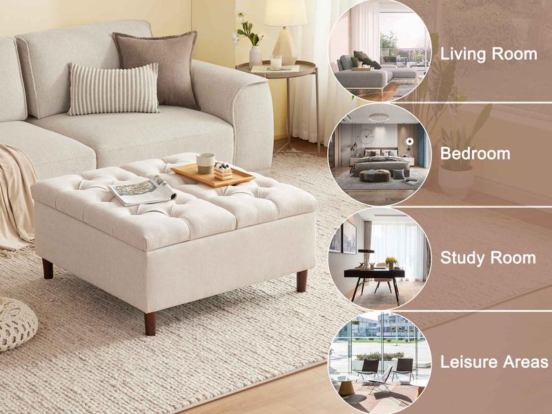 35 Inch Extra Large Storage Ottoman Coffee Table with Lift Top, Oversized Square Ottoman with Storage, Tufted Upholstered Ottoman Coffee Tables for Living Room