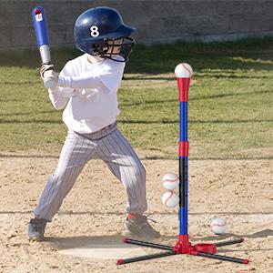 3-in-1 Baseball Set for Kids 3-5 - Tee Ball Stand, Hanging Tee, Ball Launcher and 6 Softballs - Adjustable Height, Indoor/Outdoor Sport Gifts for Boys, Blue/Purple