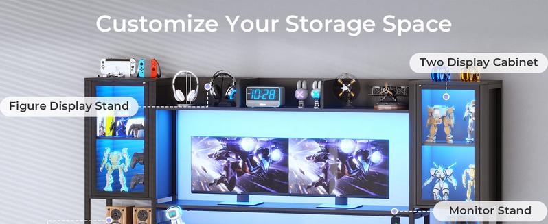 SEDETA 74.8-Inch Gaming Table with LED Lights and Storage Shelf, Computer Table with Monitor Stand Ergonomic gaming desk Gamer Desk standing desk