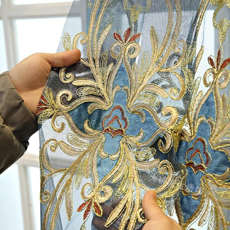 2pcs European Heavy Embroidery Sheer Curtains, Living Room Arched Floor-To-Ceiling Window, Vintage Style Punch Hole Balcony Curtain