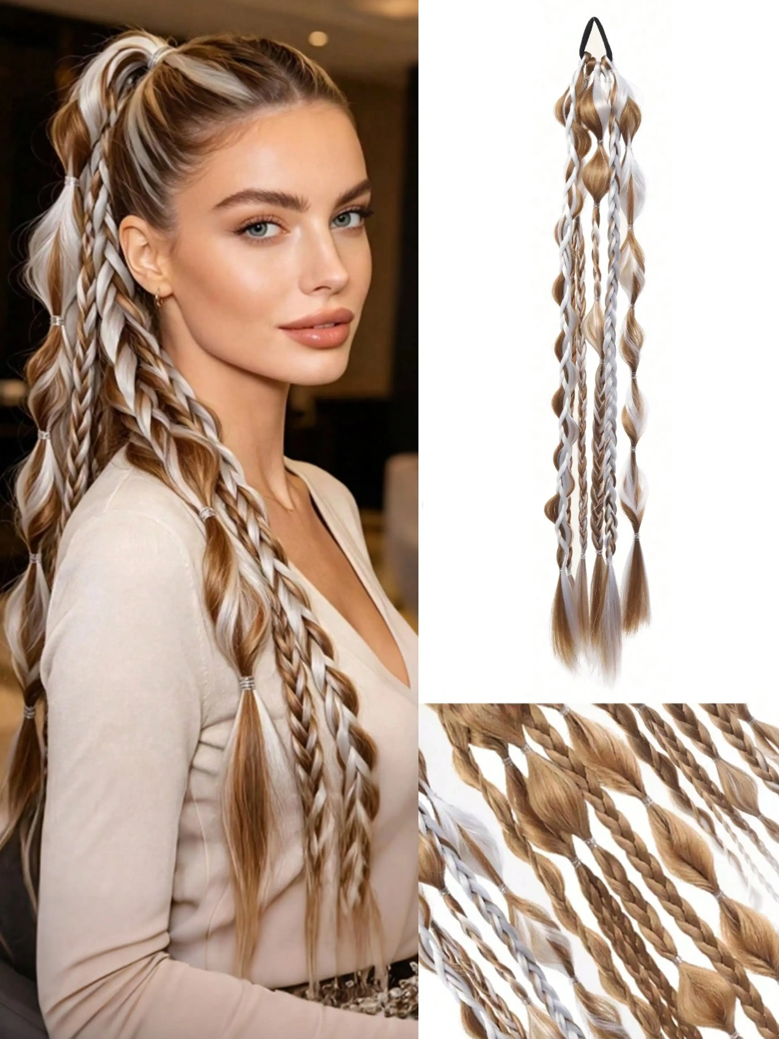 Synthetic Bubble Lantern Long Twist Ponytail Hair Extension, 24 Inches Handmade Mixed Color Bubble Twisted Braids, Vacation Style Hair Extension, Pony Tails Hair Extensions