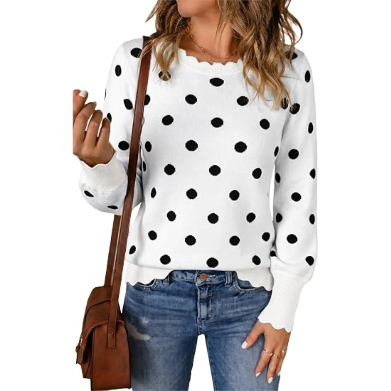 Cicy Bell Women’s Crew Neck Long Sleeve Sweater Trendy Casual Scallop Trim Fall Knit Lightweight Pullover Tops