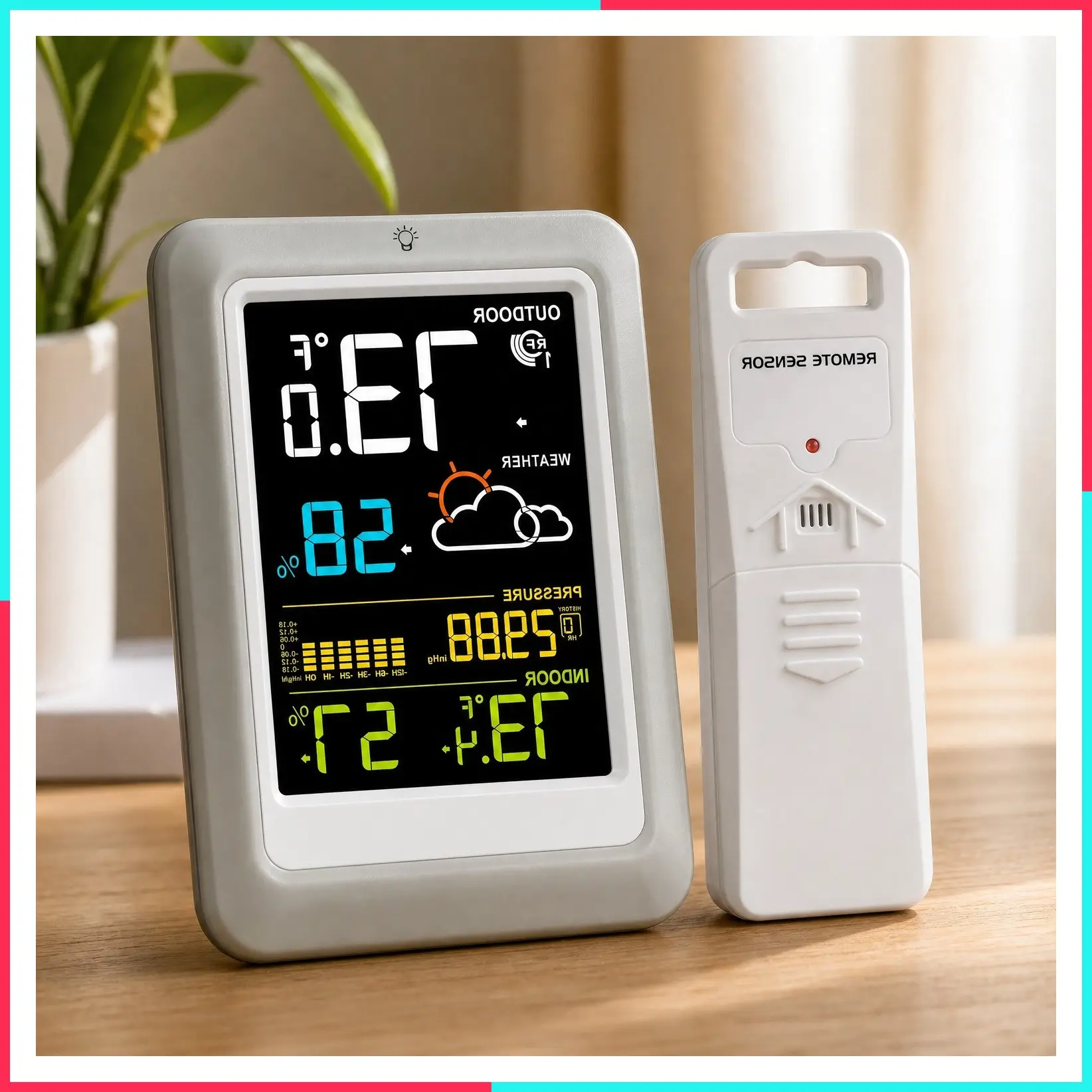 Indoor Outdoor Thermometer Wireless Weather Station with 330ft Sensor, Adjustable Brightness Temperature Humidity Monitor