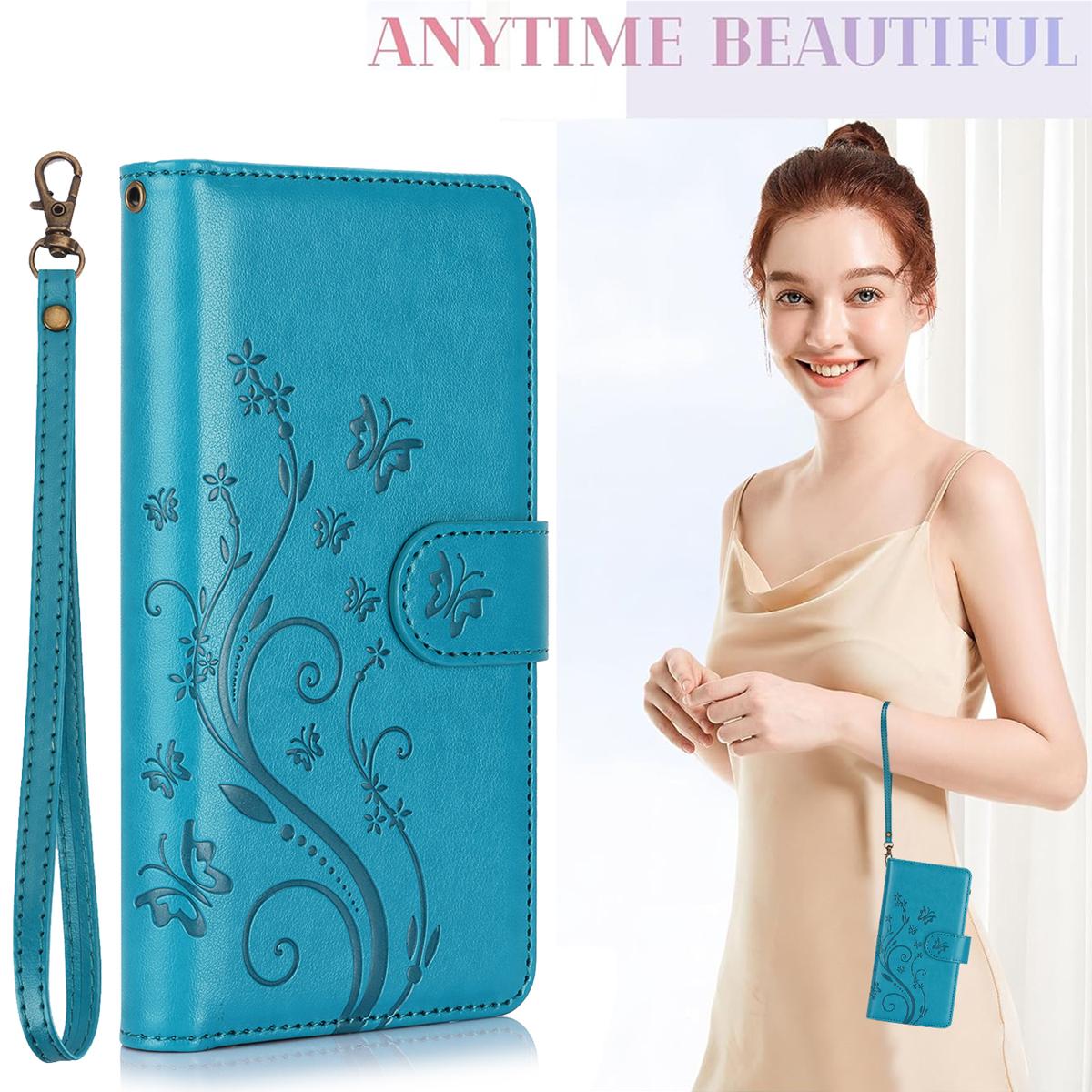 For Samsung Galaxy S25 Ultra S24 Plus S23 FE S22 S21 Lanyard Cute Floral Embossed Butterfly Wallet Phone Case with 6 Card Slots Zipper Pocket Wrist Strap Women Soft PU Leather Protective Flip Fold Stand Cover Magnetic Closure For Mom