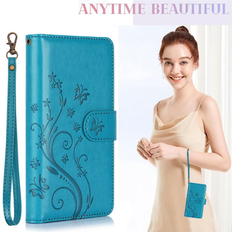 For Samsung Galaxy S25 Ultra S24 Plus S23 FE S22 S21 Lanyard Cute Floral Embossed Butterfly Wallet Phone Case with 6 Card Slots Zipper Pocket Wrist Strap Women Soft PU Leather Protective Flip Fold Stand Cover Magnetic Closure For Mom