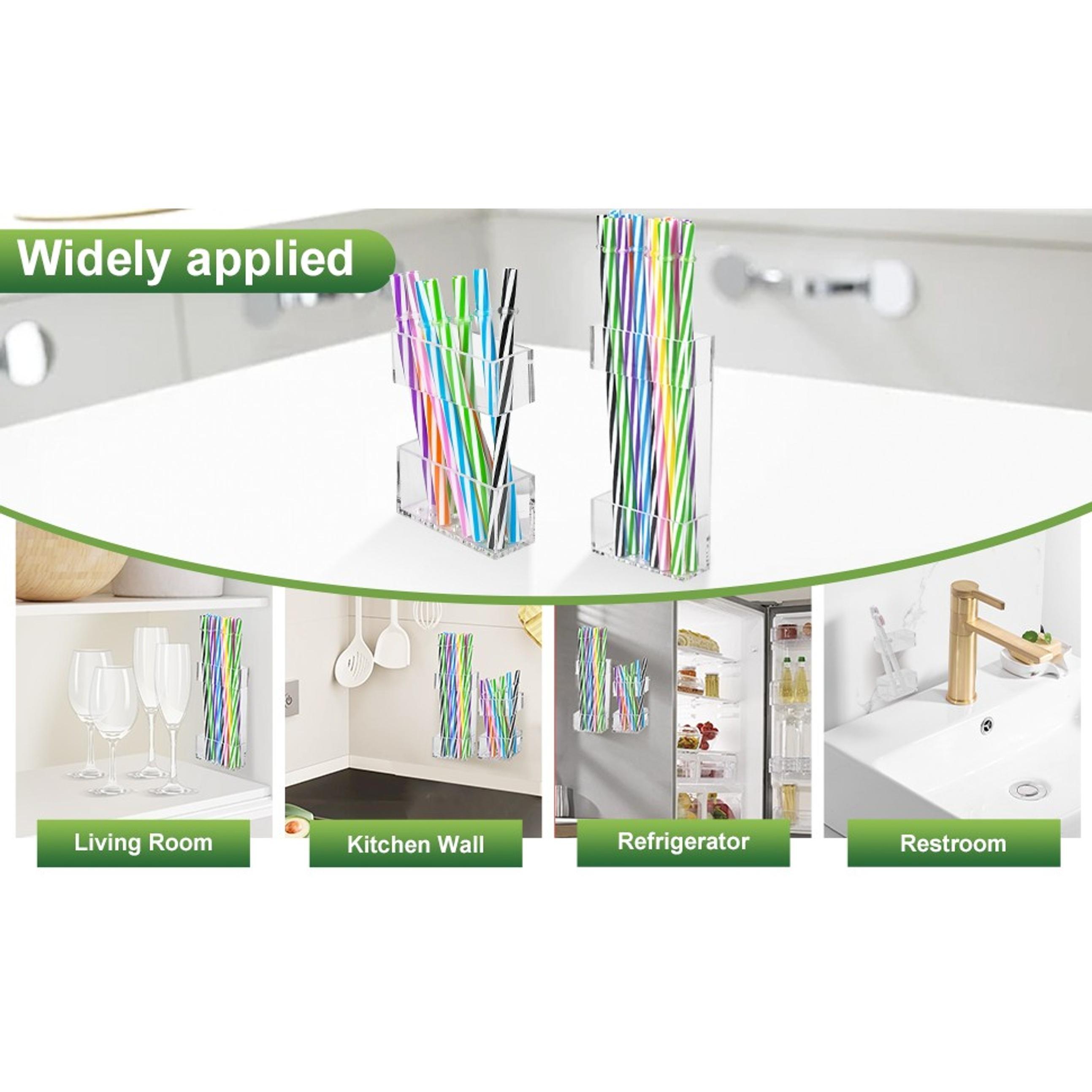 2 Pack Acrylic Straw Holder for Cabinet Doors, Reusable Straw Organizer with Ultra-Sticky Adhesive, Space-Saving Kitchen Storage for Short & Long Straws (Transparent)