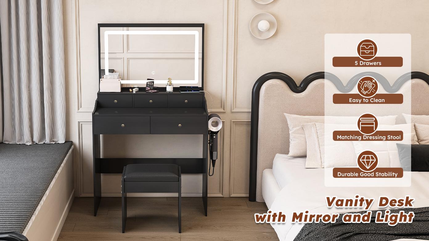 Bellemave Modern Makeup Vanity Set with 3 Lighting Modes 5 Drawers Hair Dryer Holder for Bedroom Black Color Frames Design Extra Large Mirror Solid Construction