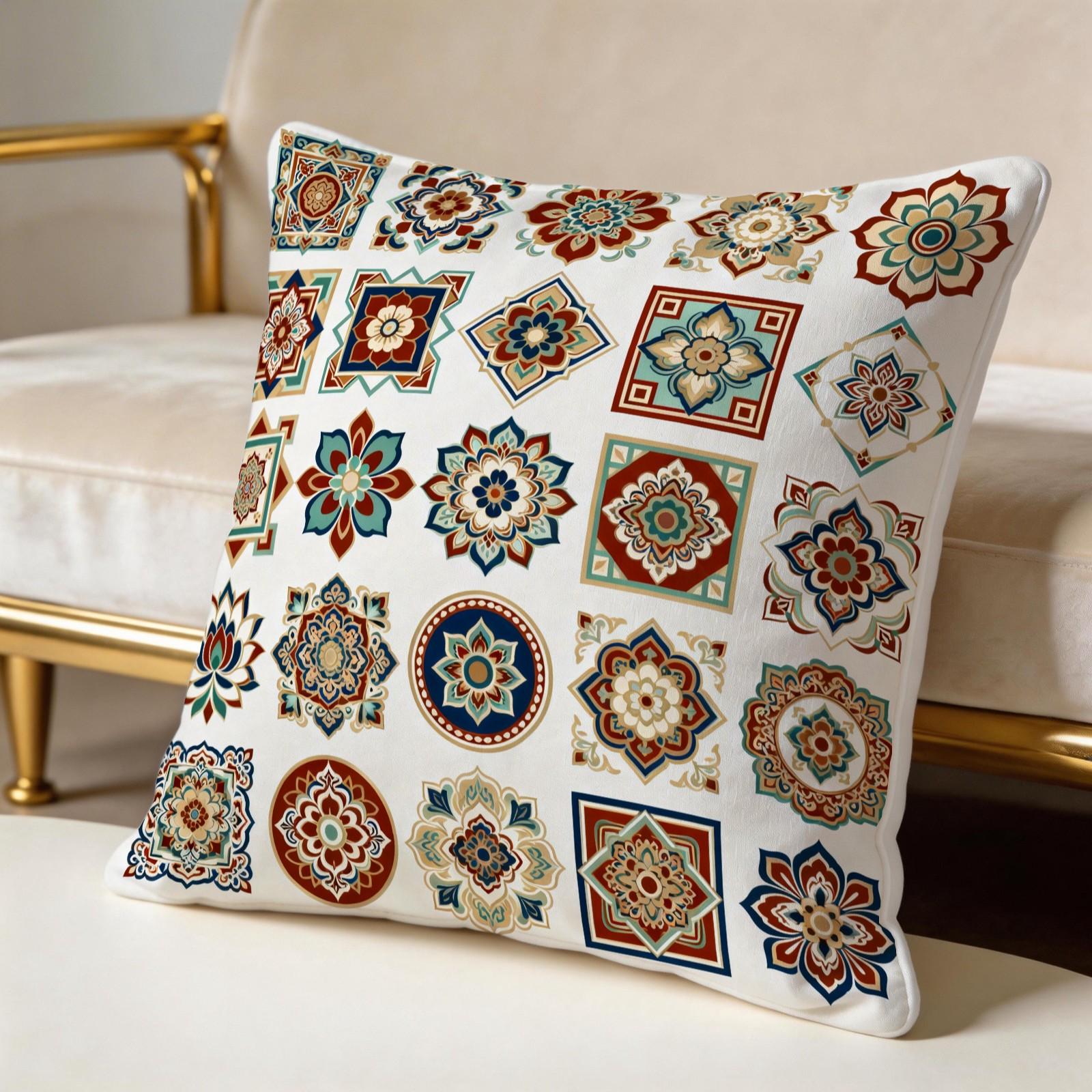 1 Pack 18×18 Inch Boho Mandala Throw Pillow, Vintage Floral Accent Cushion, HD Digital Print Decorative Pillow, Non-Fade Home Decor Pillow for Sofa, Bed, Living Room, Bedroom