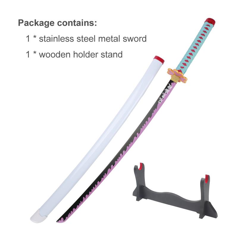 ELERVINO Real Demon Slayer Cosplay Sword Kanroji Mitsuri 41 inches Not Sharp Samurai Katana with Wooden Holder Stand Display Anime Fans for Halloween Role Playing Props Cosplay Collection Decoration Christmas Gift Birthday New Year