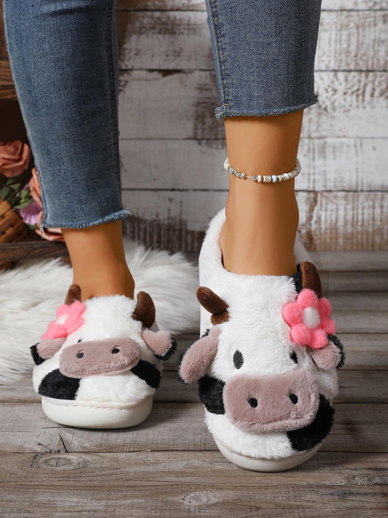 Women's Cute Cow Design Plush Slippers, Warm Bedroom Soft Slippers, Indoor Outdoor Silent Non-Slip Slippers, Casual Animal Pattern,Christmas Gifts For GF