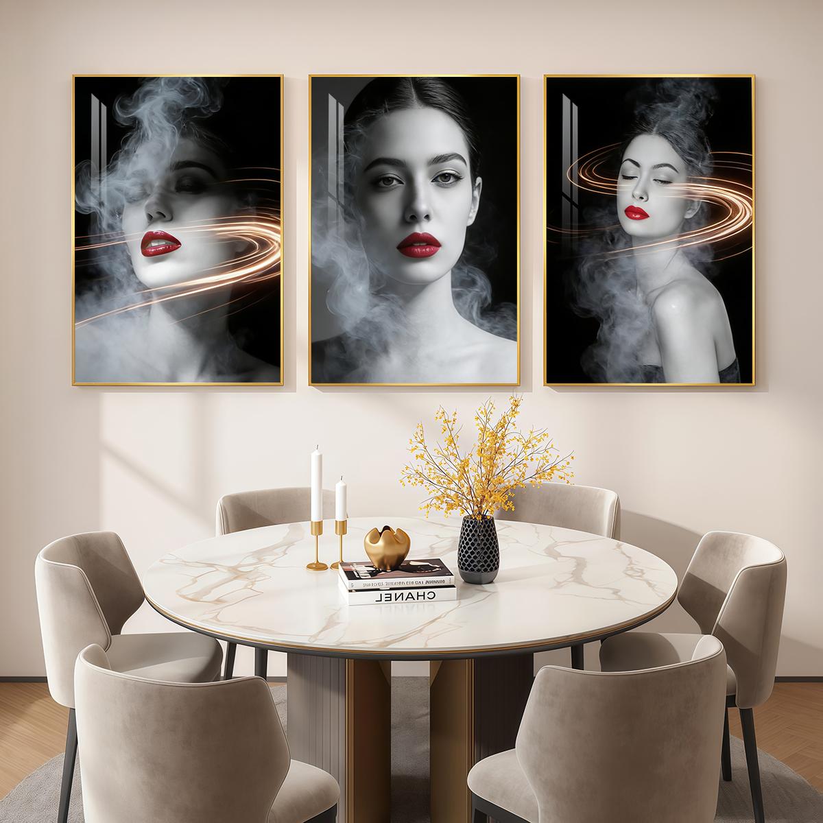 3 Counts Aluminum Alloy Framed Painting, Abstract Smoke And Light Portrait Pictures, Home Decoration For Living Room, Bedroom, Office, Restaurant, Hallway Wall Decor, Odorless Print Artwork, Luxury Perfect Gift For Friends And Family